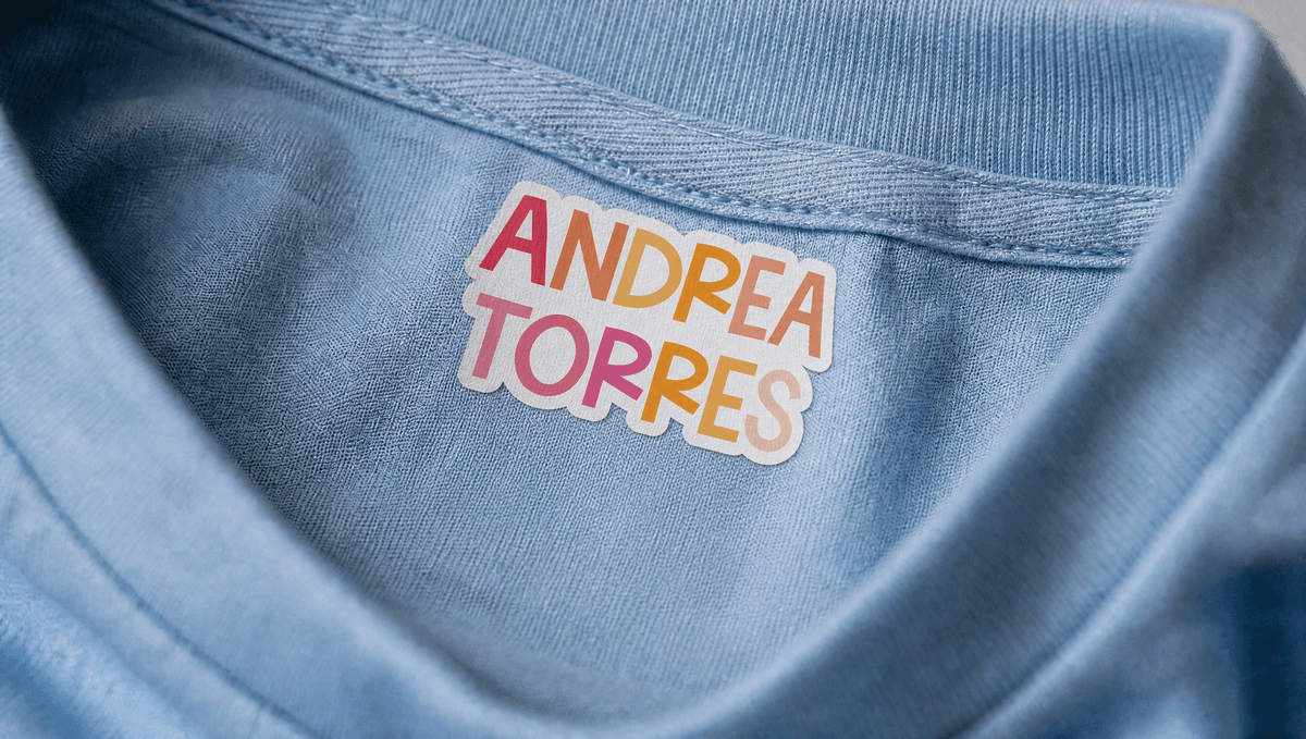 Etiqueta termoadherible con un nombre planchada en el cuello de una playera.